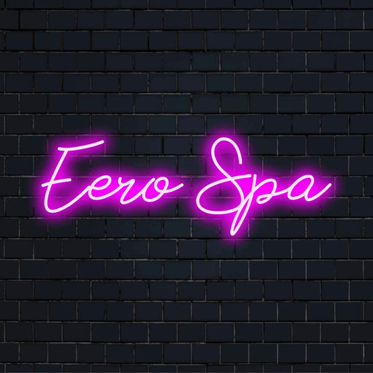 Eero Spa Personalized LED Neon Sign, bright LED glow on black brick background