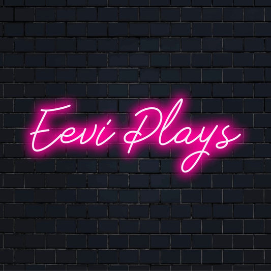 Eevi Plays Custom Name Neon Sign, soft neon glow against black brick wall