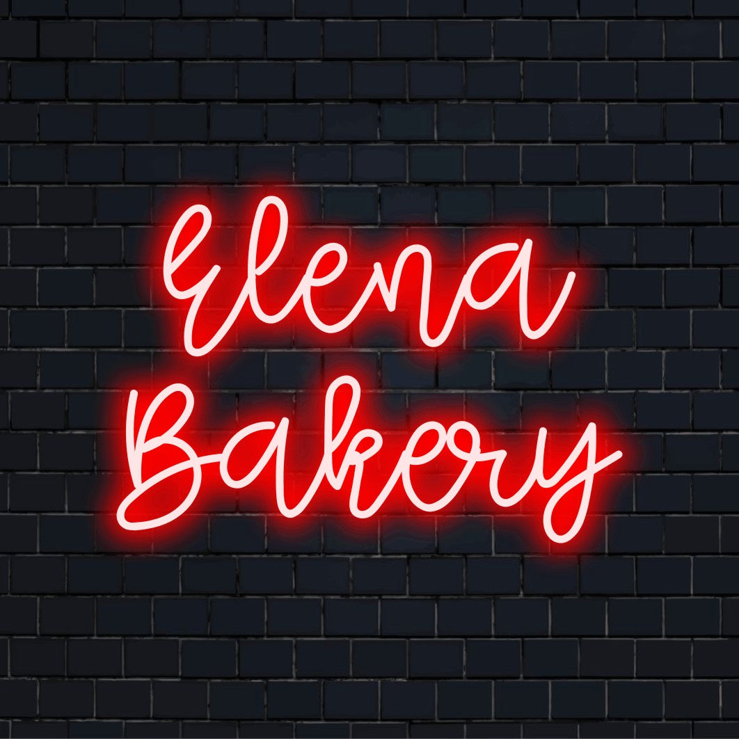 Elena Bakery Personalized LED Neon Sign, bright neon glow on dark brick wall