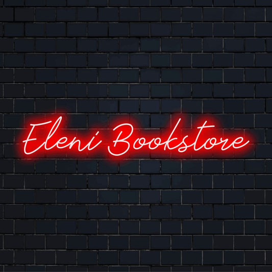 Eleni Bookstore Personalized LED Neon Sign, glowing wall decor on dark brick wall