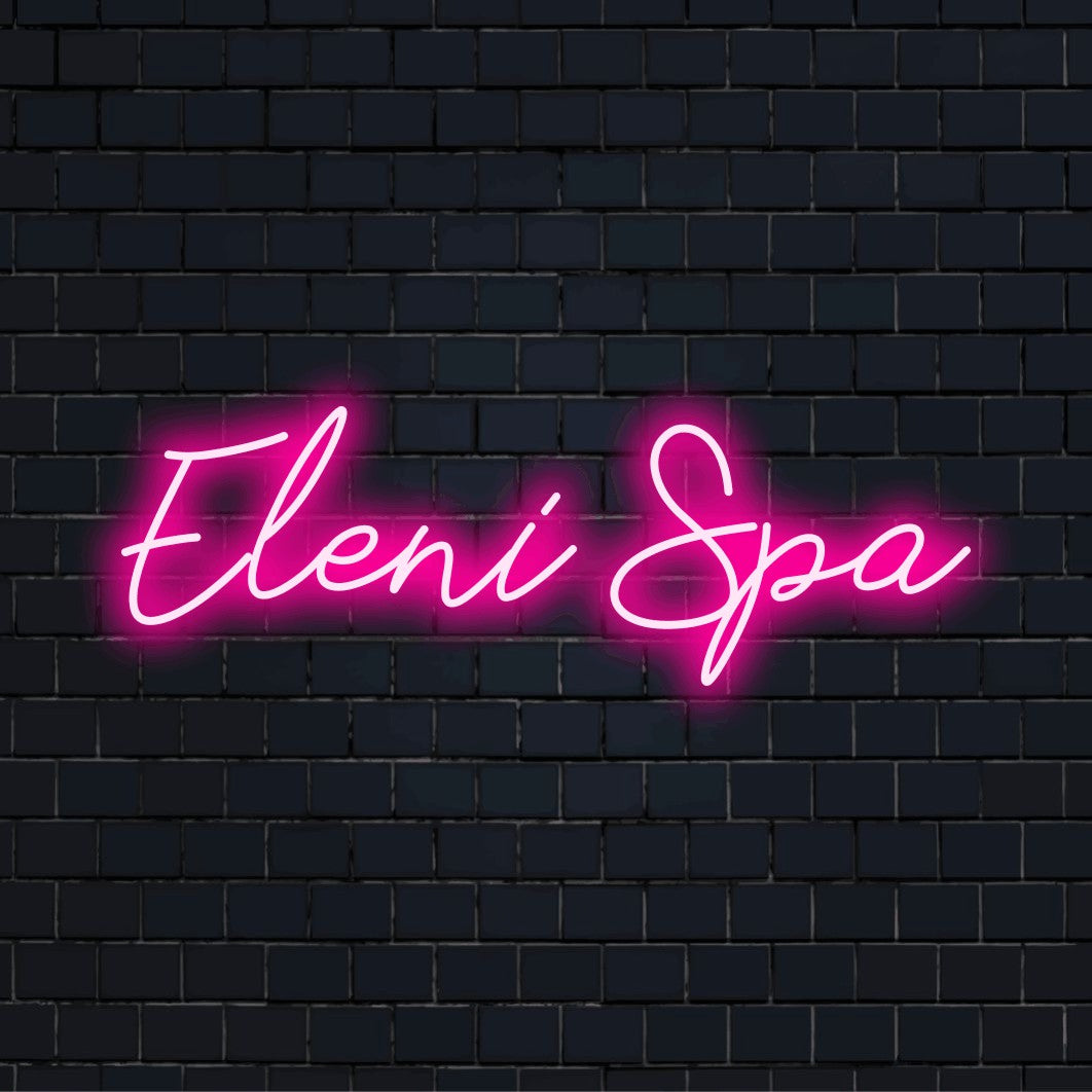 Eleni Spa Personalized LED Neon Sign, bright LED glow on dark brick wall