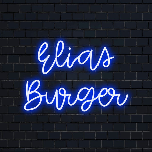Elias Burger Personalized Neon Light with bright neon lettering on dark brick wall