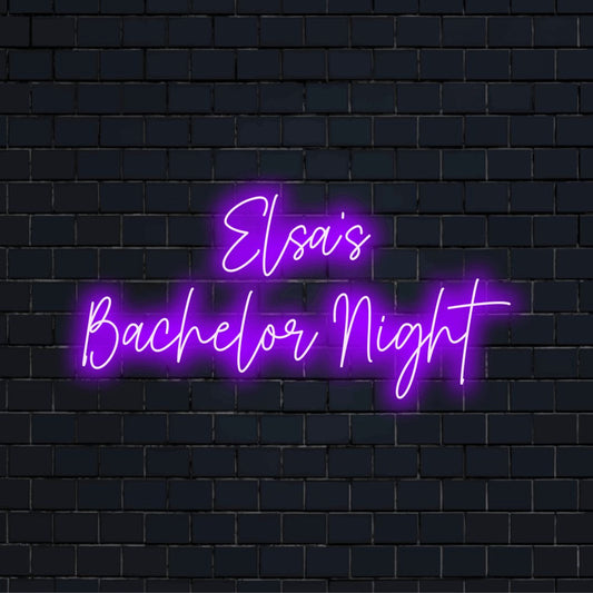 Elsa_s Bachelor Night Personalized LED Neon Sign, bright LED glow on dark brick wall