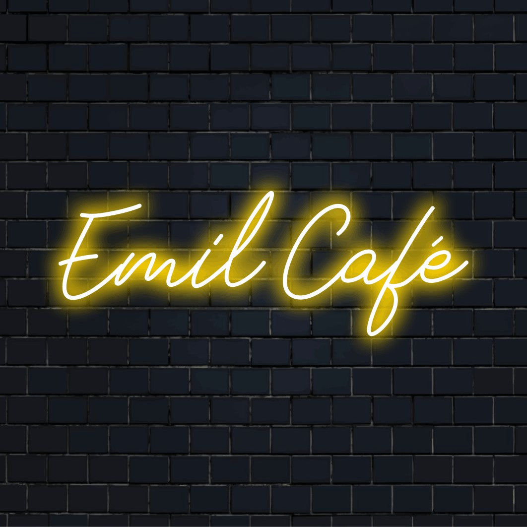 Emil Cafe Personalized Neon Light with bright neon glow on dark brick background