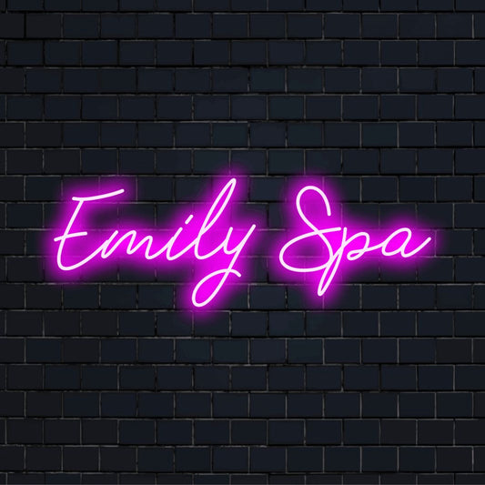 Emily Spa Personalized Neon Light with bright LED glow against brick backdrop