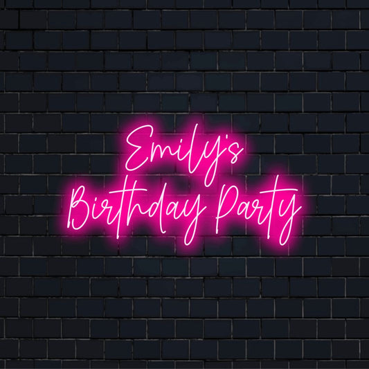 Emily_s Birthday Party Personalized Neon Light with glowing neon text against black brick wall