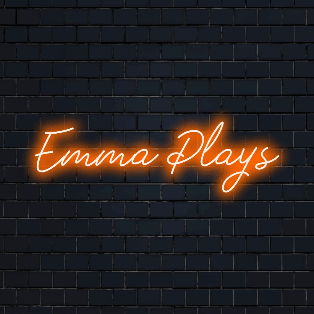 Emma Plays Personalized LED Neon Sign, bright LED glow on dark brick wall