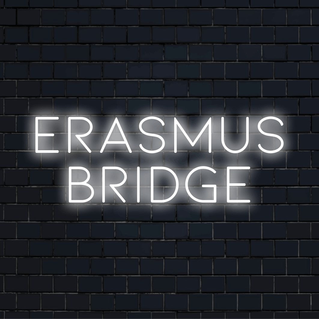 Erasmus Bridge Neon Light with glowing neon text on black brick background