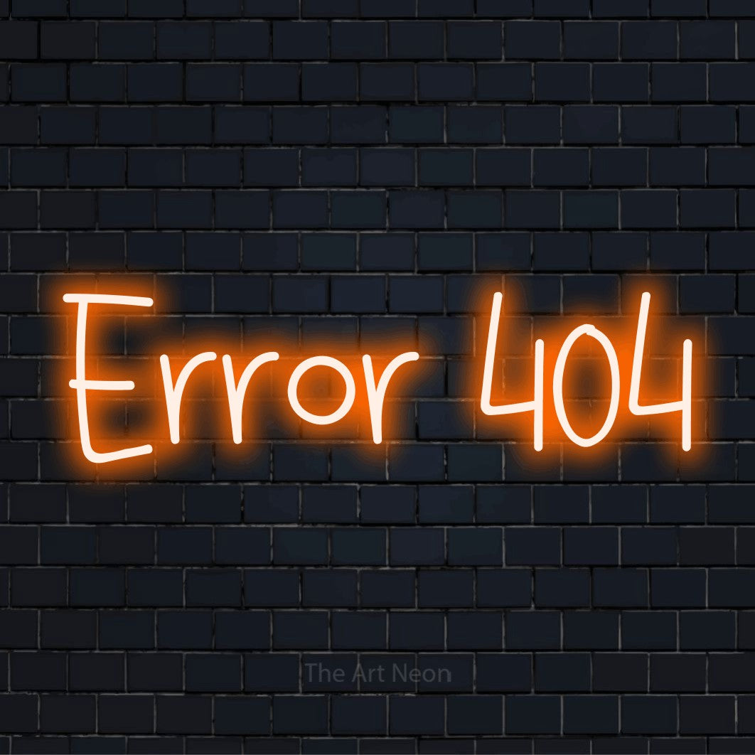 "Error 404" script-style LED neon sign on a black brick wall