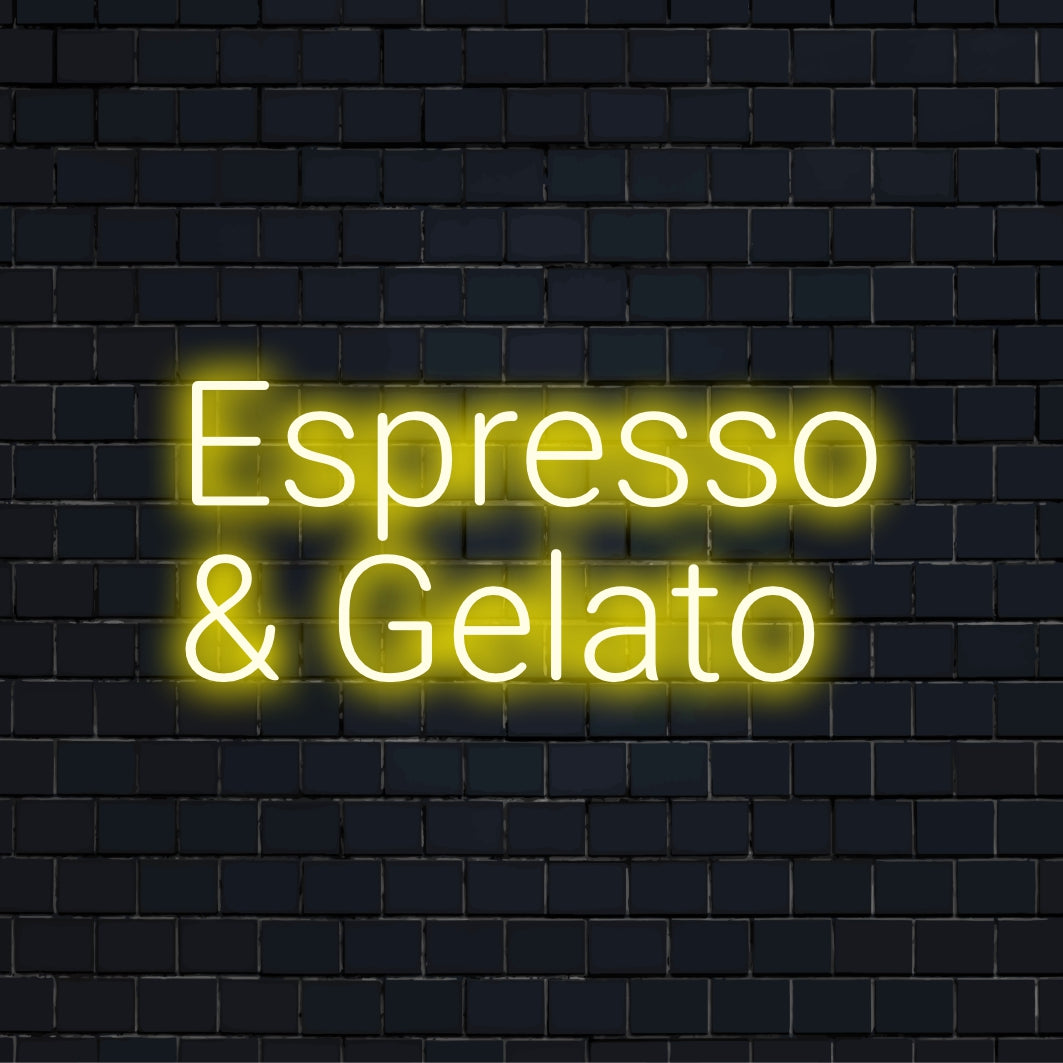 Espresso Gelato Neon Light with soft neon glow on dark brick background
