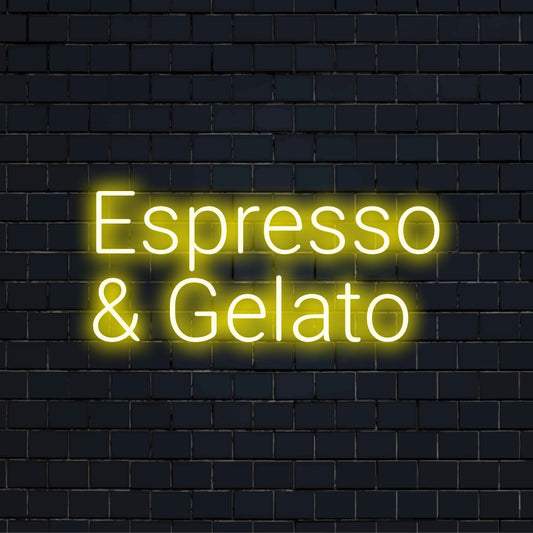 Espresso Gelato Neon Light with soft neon glow on dark brick background