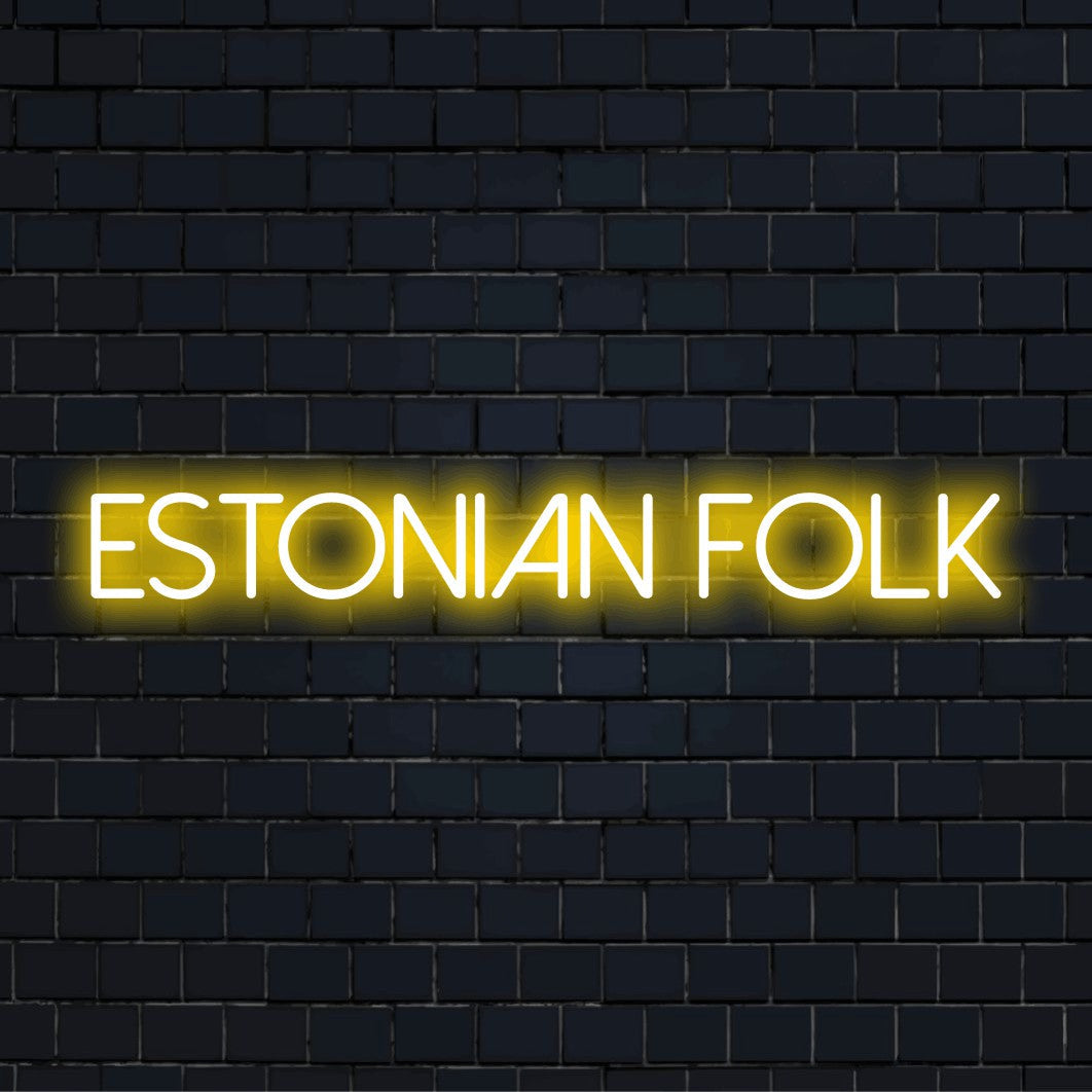 Estonian Folk Neon Sign, bright LED glow on dark brick background
