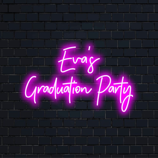 Eva_s Graduation Party Personalized LED Neon Sign, bright neon lettering on black brick background