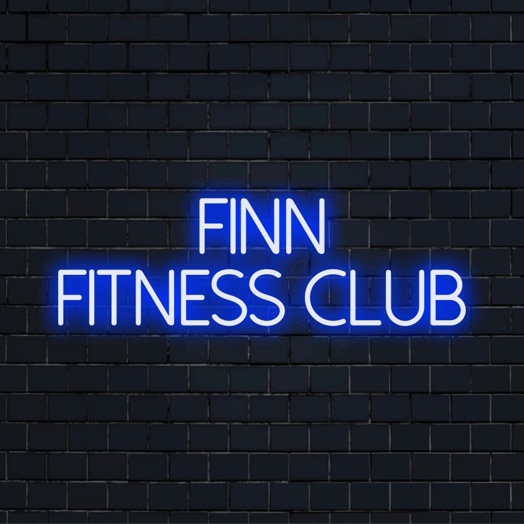 Finn Fitness Club Personalized LED Neon Sign, neon text light against black brick wall