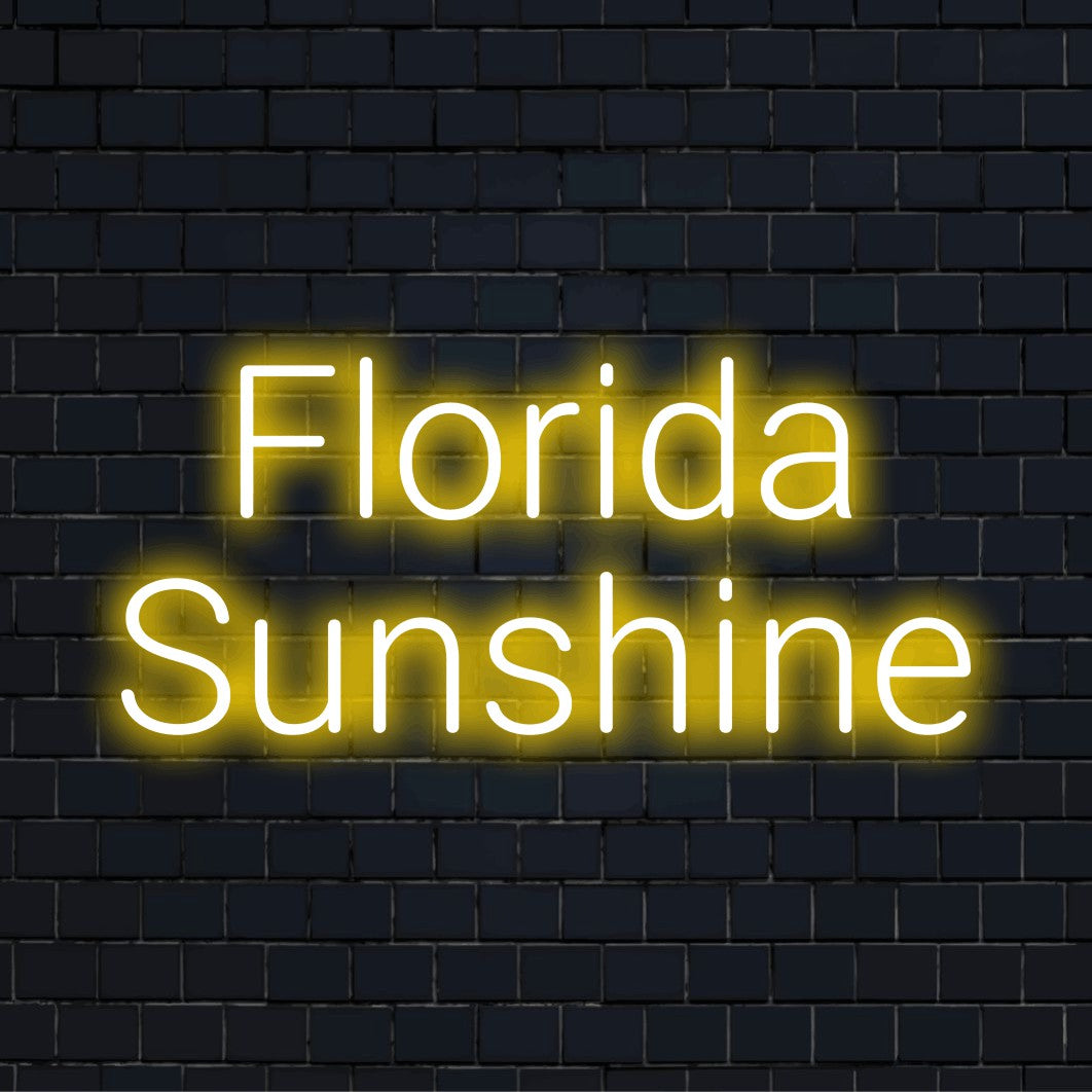 Florida Sunshine Neon Sign, bright LED glow on dark brick background