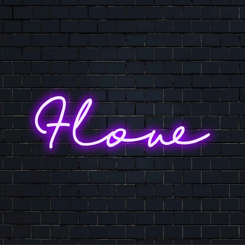 Flow Neon Sign, bright neon glow on dark brick wall