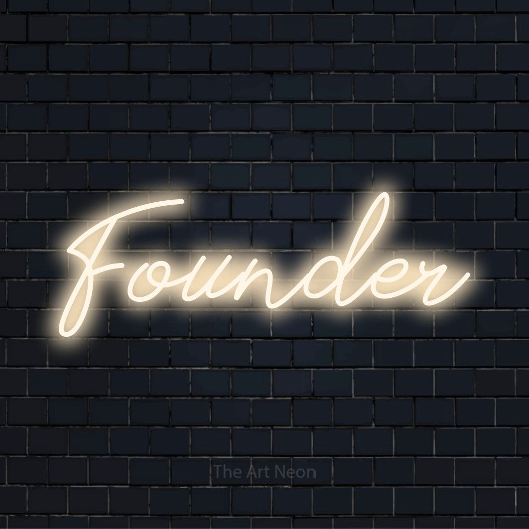 "Founder" glowing LED neon sign on a black brick wall