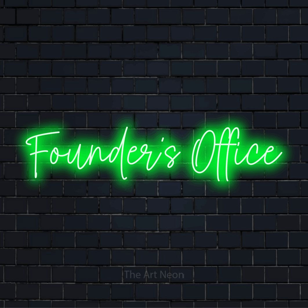 "Founder’s Office" text design with neon effect on a black brick wall