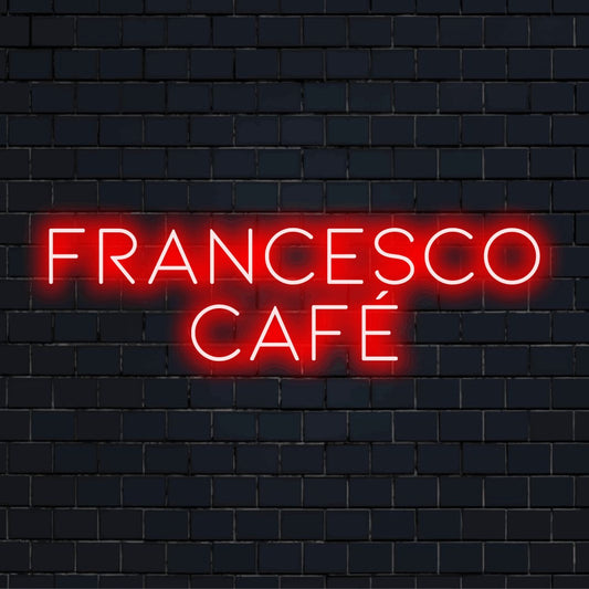 Francesco Cafe Personalized LED Neon Sign, glowing lettering on dark brick wall
