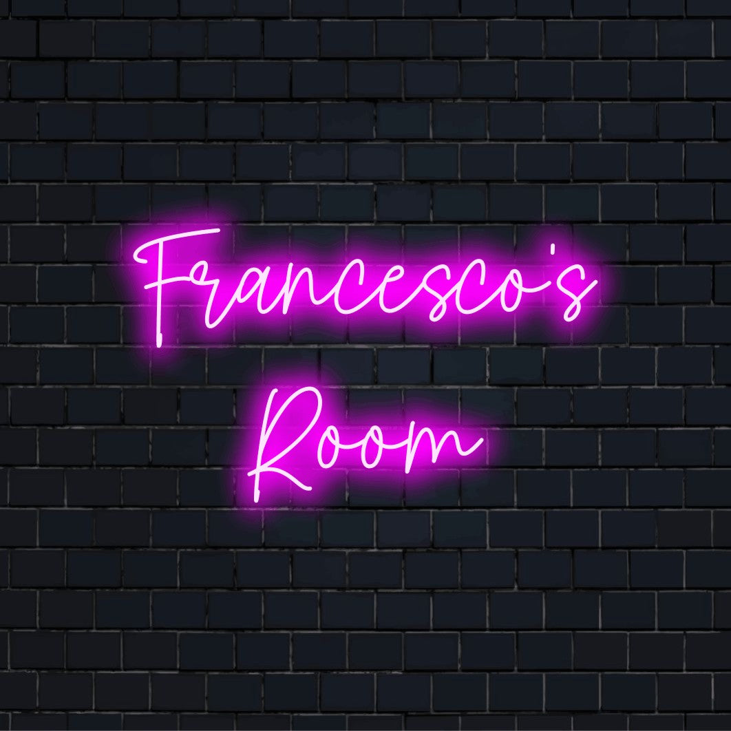 Francesco_s Room Custom Name Neon Sign, glowing neon text against black brick wall
