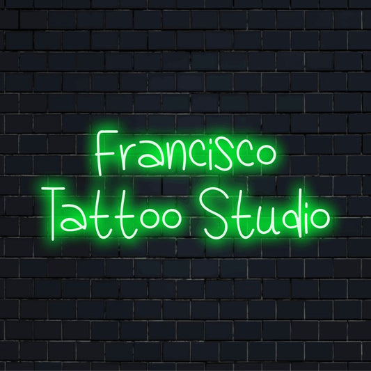 Francisco Tattoo Studio Personalized LED Neon Sign, glowing wall decor on dark brick background