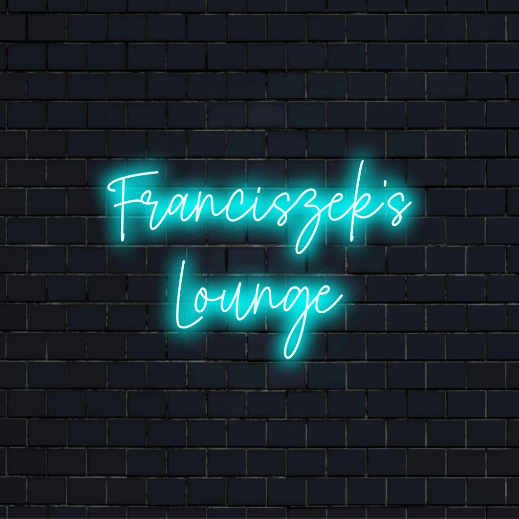 Franciszek_s Lounge Custom Name Neon Sign, bright LED glow against brick backdrop