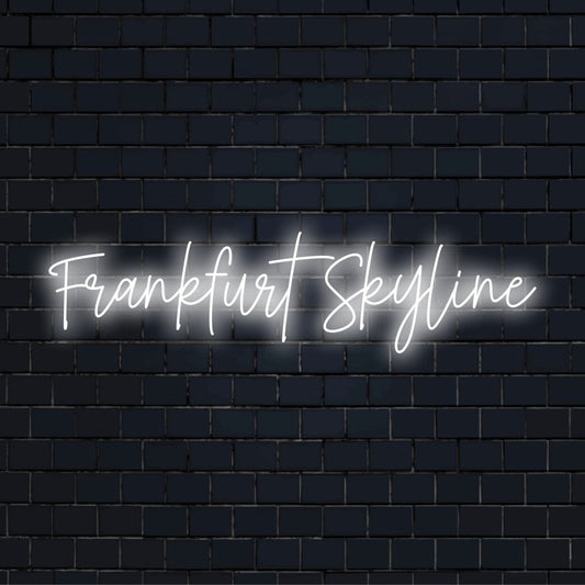 Frankfurt Skyline Neon Light with neon text light against black brick wall