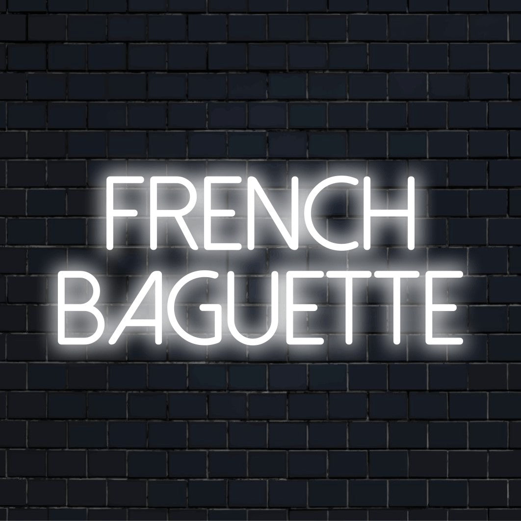 French Baguette LED Neon Sign, glowing wall decor against brick backdrop