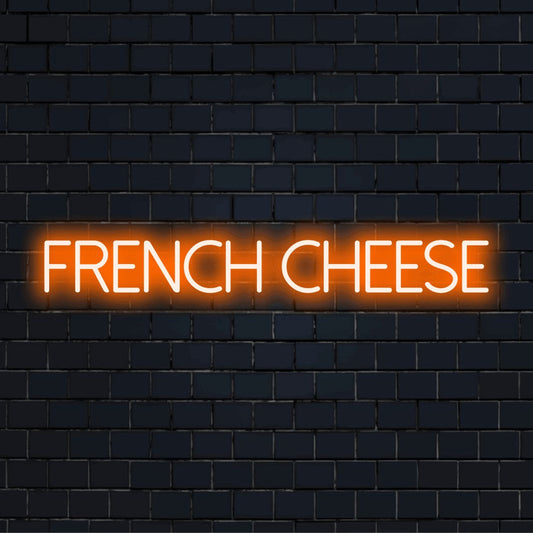 French Cheese LED Neon Sign, soft neon glow on dark brick background