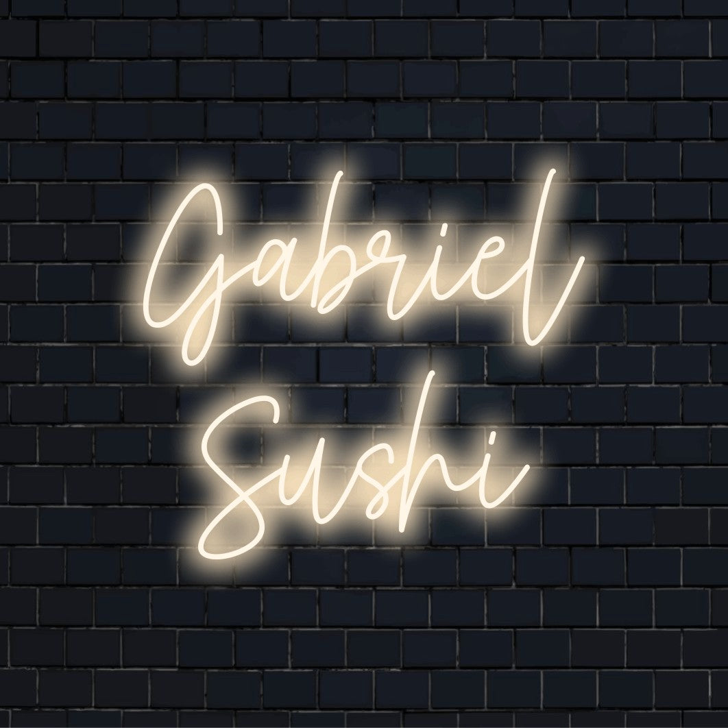 Gabriel Sushi Custom Name Neon Sign, glowing wall decor on dark brick wall
