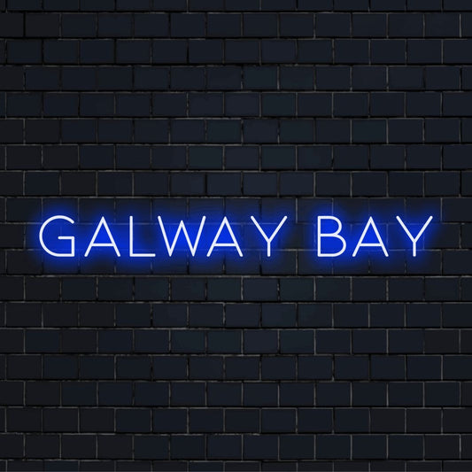 Galway Bay Neon Sign, glowing lettering on black brick background