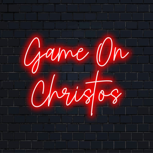 Game On Christos Personalized LED Neon Sign, glowing wall decor on black brick background