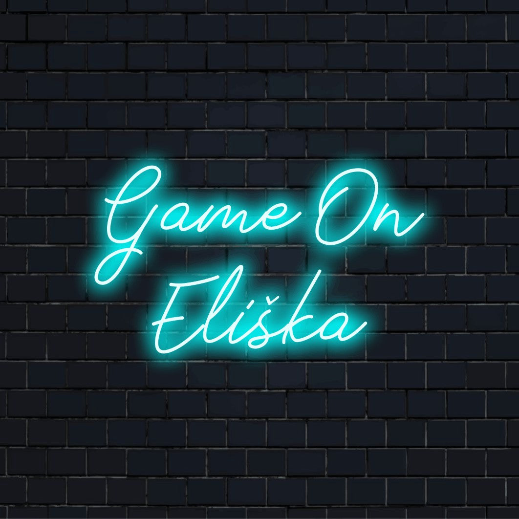 Game On Eliska Custom Name Neon Sign, glowing neon text on dark brick wall
