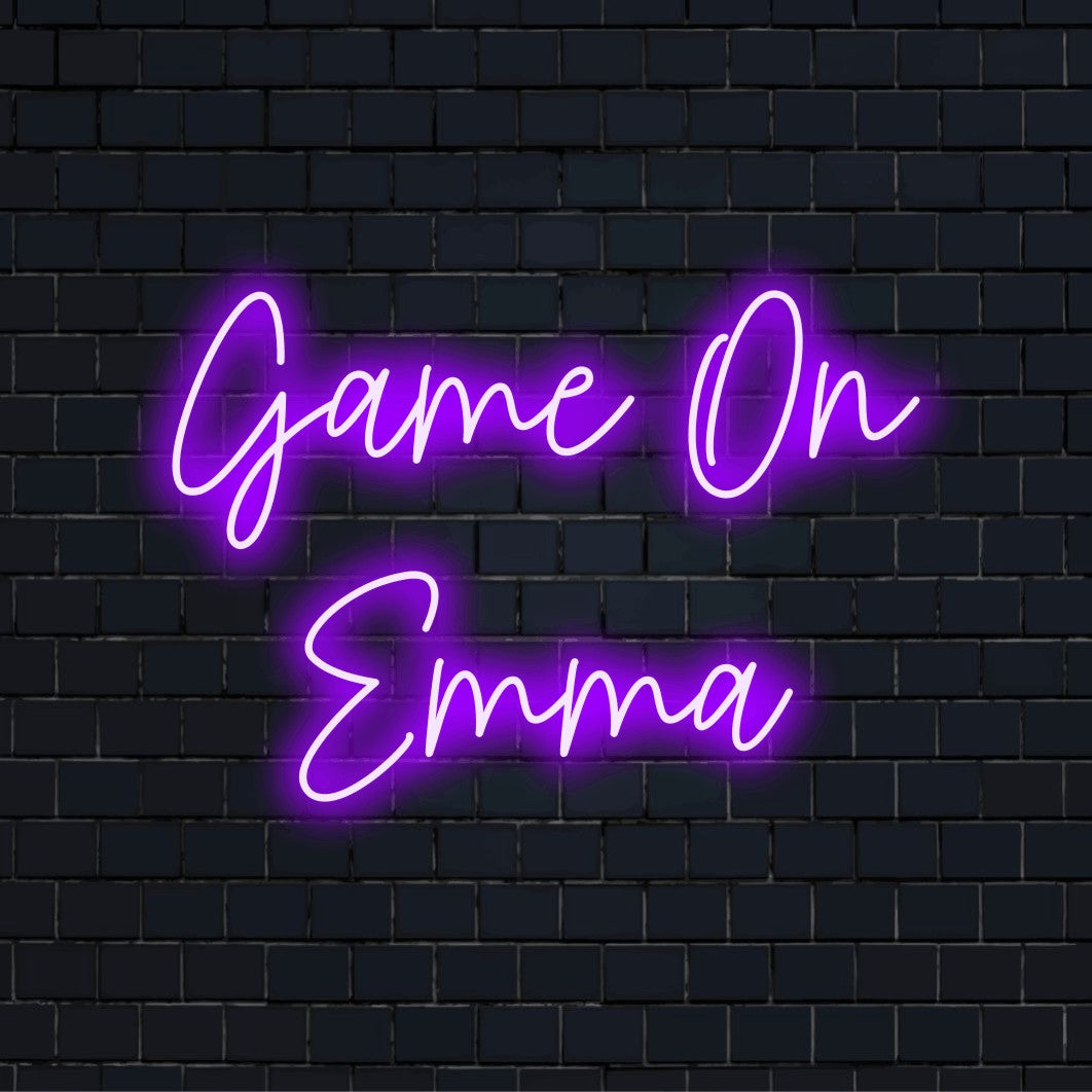 Game On Emma Personalized LED Neon Sign, glowing neon text on black brick background