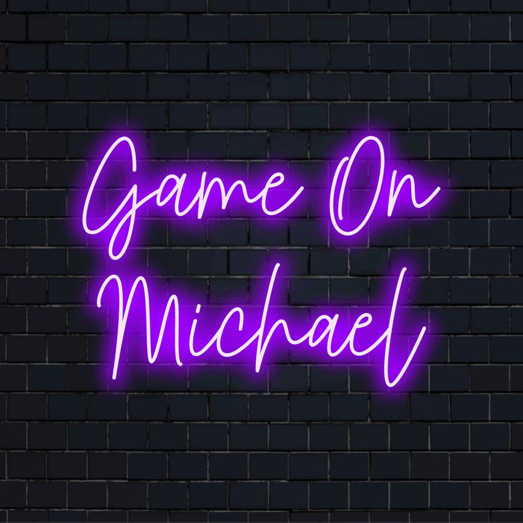 Game On Michael Custom Name Neon Sign, glowing wall decor on dark brick background
