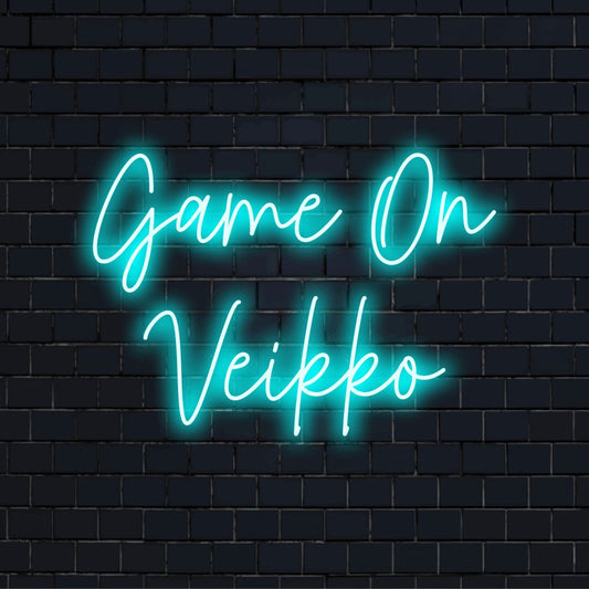 Game On Veikko Personalized LED Neon Sign, glowing wall decor on dark brick background