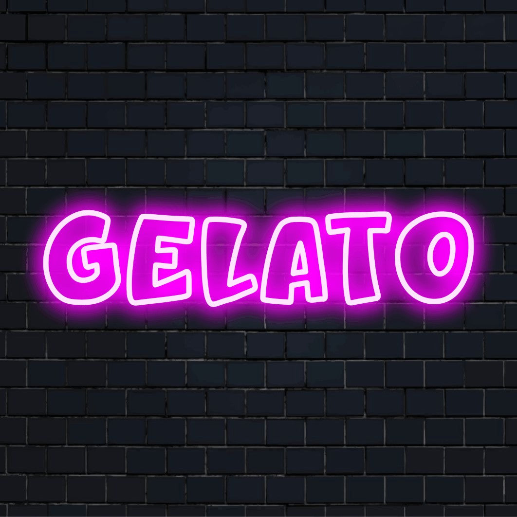 Gelato Neon Sign, neon text light against brick backdrop
