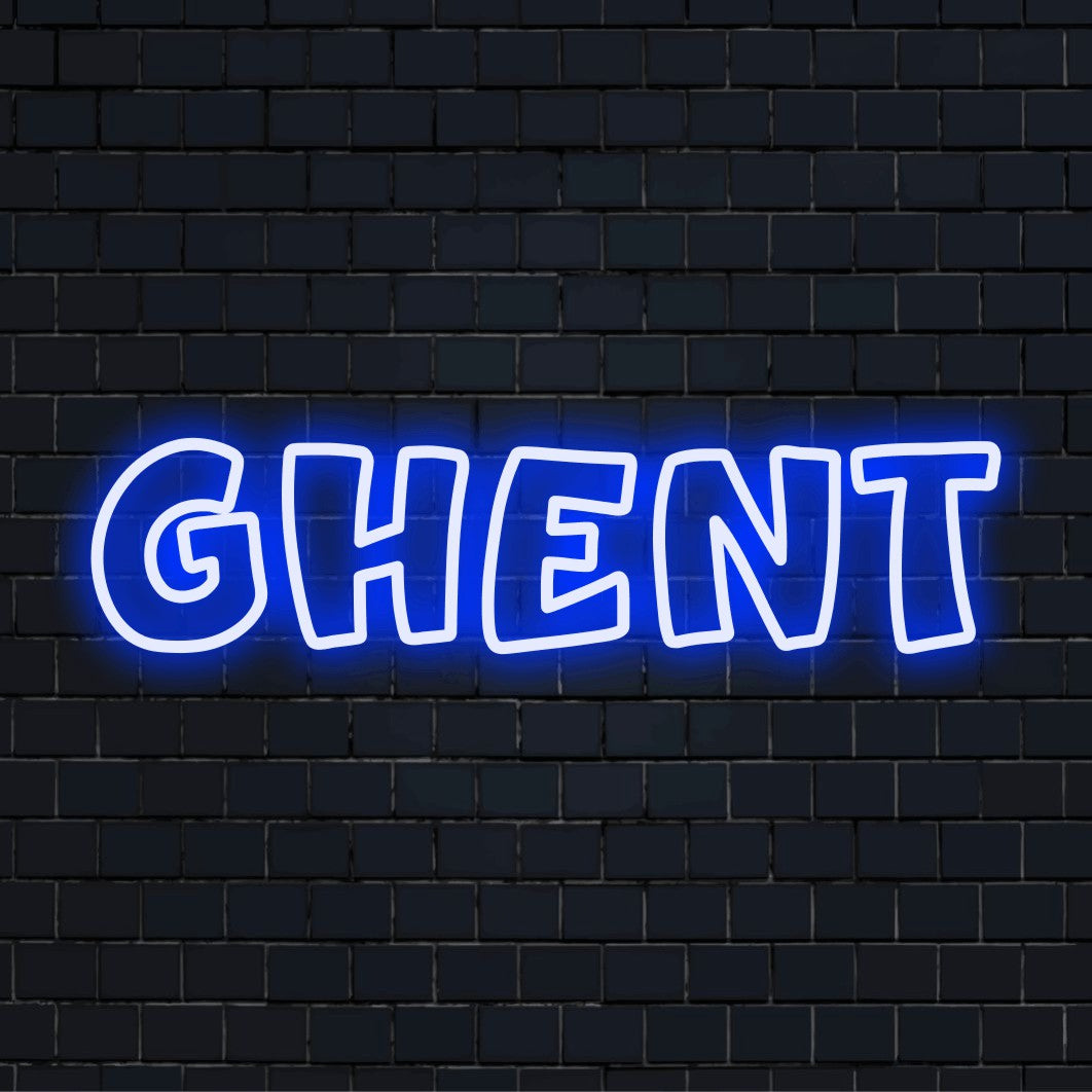 Ghent Neon Sign, glowing wall decor on black brick background