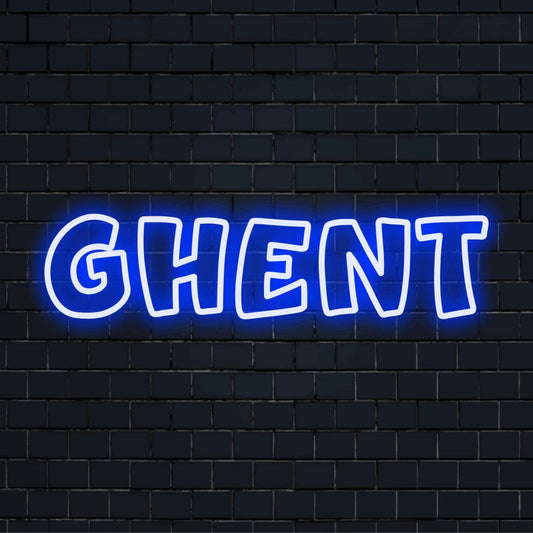 Ghent Neon Sign, glowing wall decor on black brick background