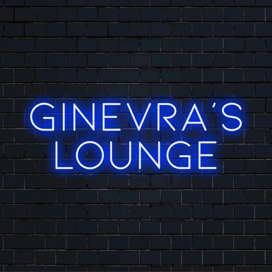 Ginevra_s Lounge Personalized LED Neon Sign, neon text light against black brick wall