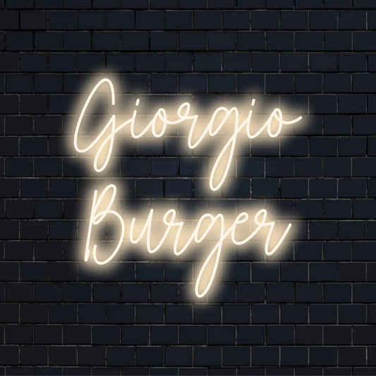 Giorgio Burger Personalized LED Neon Sign, glowing wall decor on black brick background
