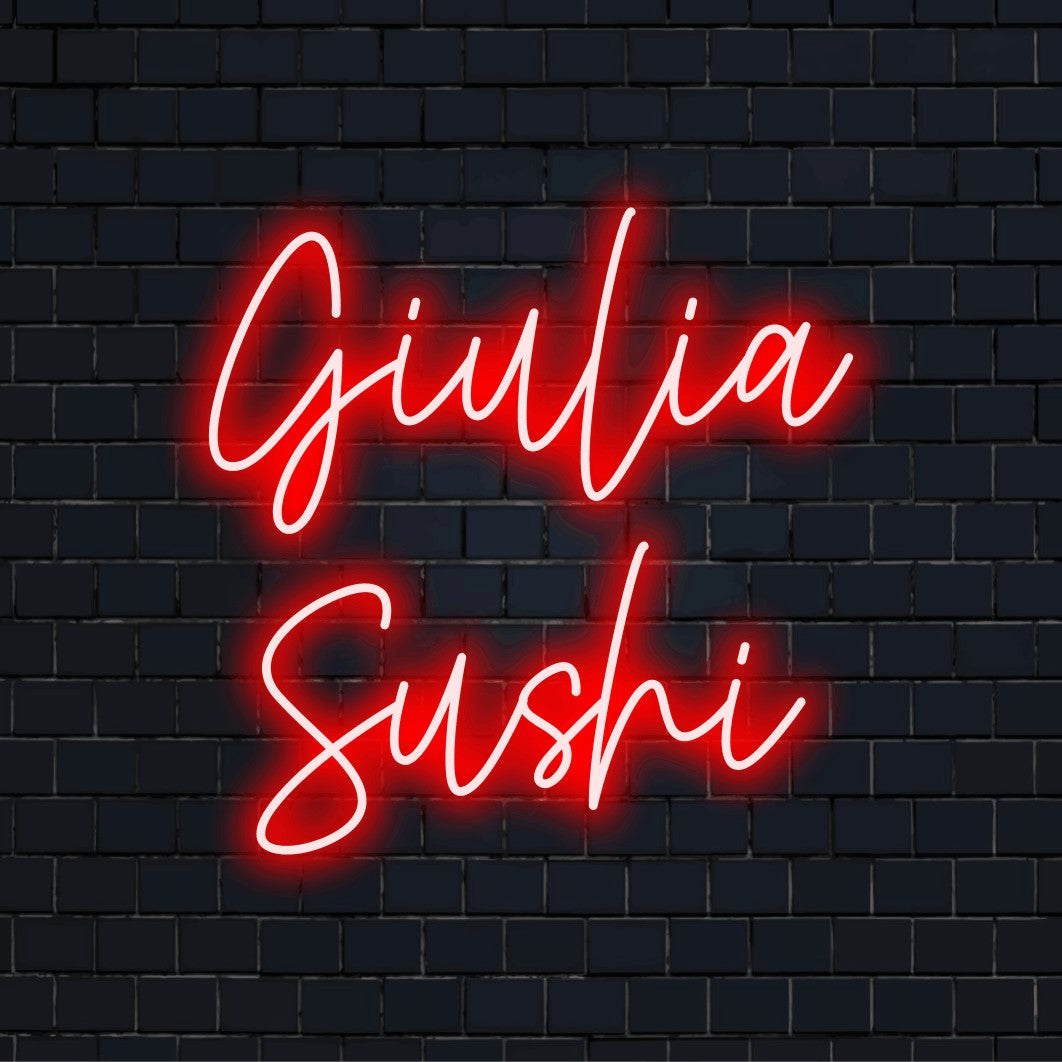 Giulia Sushi Custom Name Neon Sign, neon text light on black brick background