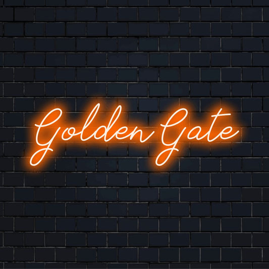 Golden Gate Neon Light with bright neon glow on dark brick wall