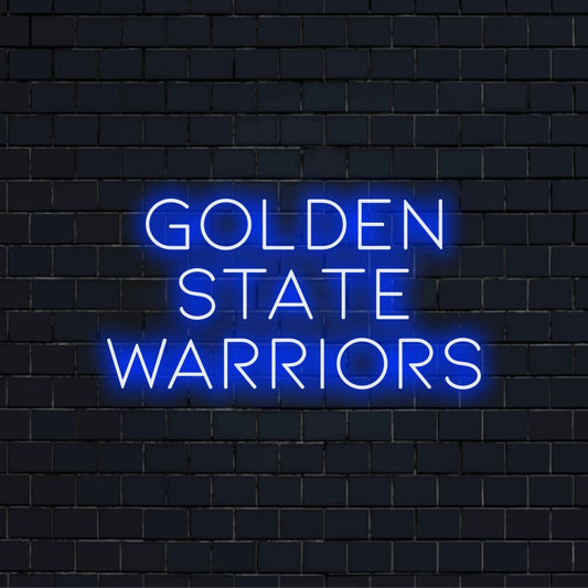 Golden State Warriors Neon Sign, glowing wall decor on dark brick wall
