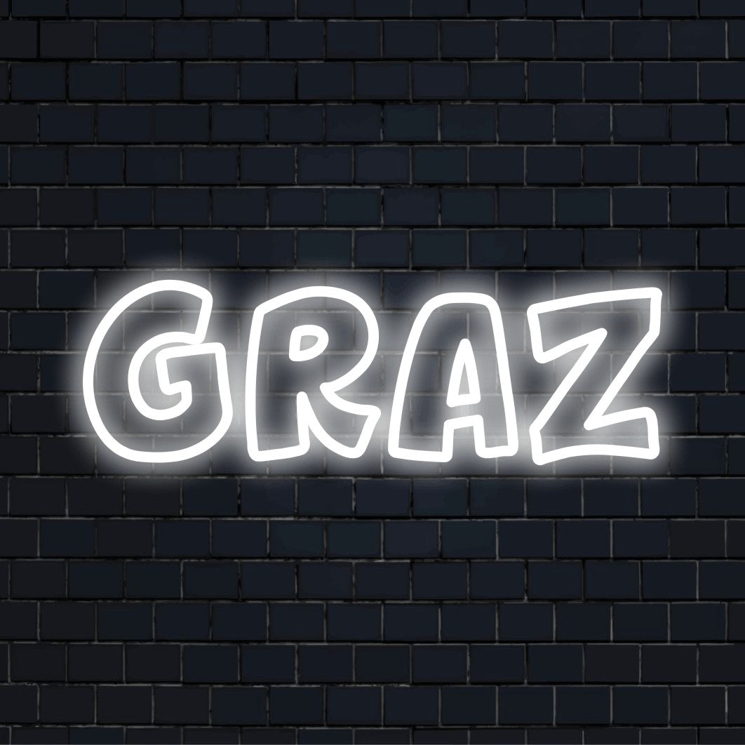 Graz Neon Sign, soft neon glow on black brick background