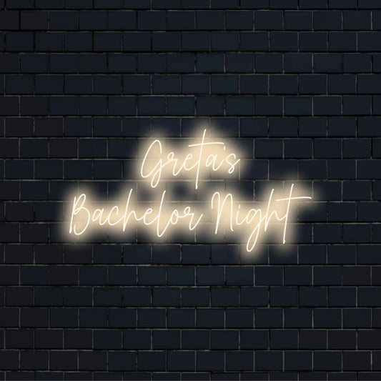 Greta_s Bachelor Night Personalized LED Neon Sign, bright neon glow on black brick background