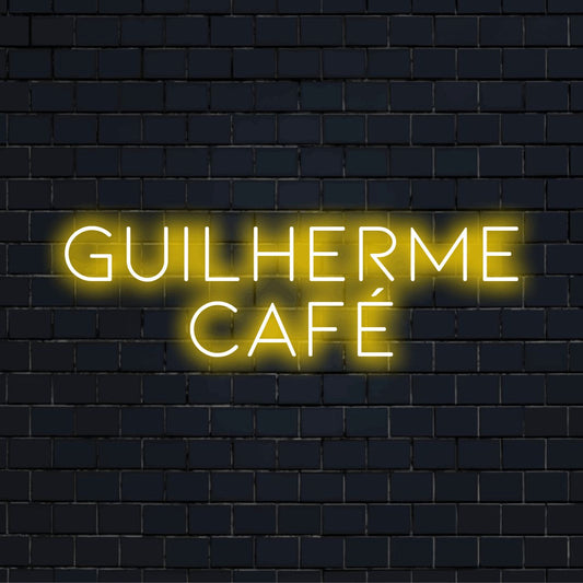 Guilherme Cafe Custom Name Neon Sign, glowing lettering on dark brick background