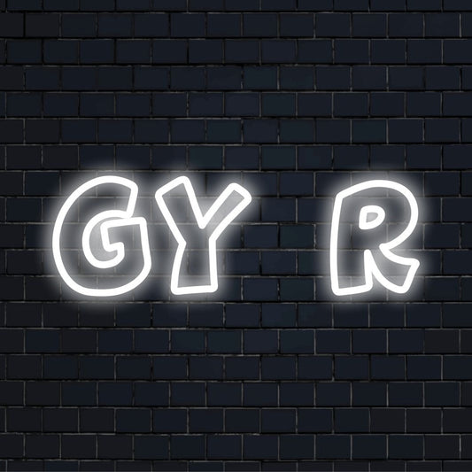 Gy R Neon Sign, neon text light against brick backdrop