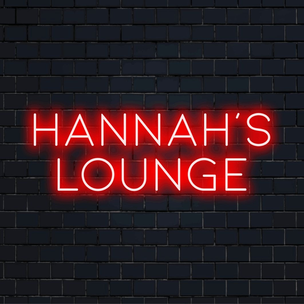Hannah_s Lounge Personalized Neon Light with bright LED glow on dark brick wall