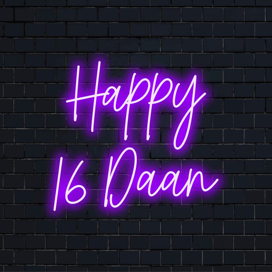 Happy 16 Daan Custom Name Neon Sign, bright neon lettering on dark brick background